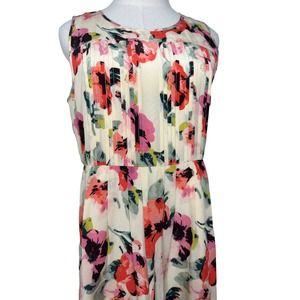 Madewell Silk Dress Size 8 Summer Sleeveless Ivory Coral Floral Pleats B02